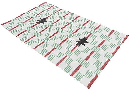 Modern Handmade Woolen Cream, Green, Black And Red Star And Dash Striped Rug-6748