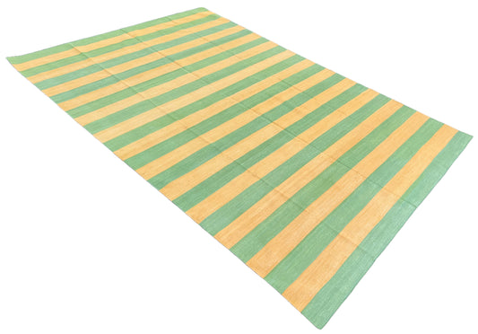 Modern Handmade Cotton Mustard And Moss Green Striped Area Rug-6750