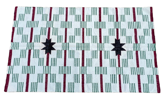 Modern Handmade Woolen Cream, Green, Black And Red Star And Dash Striped Rug-6748