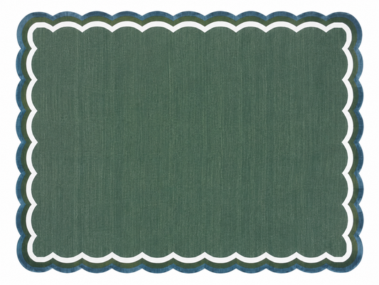 Modern Handmade Cotton Forest Green, Cream And Teal Blue 4 Sided Scalloped Rug-9670