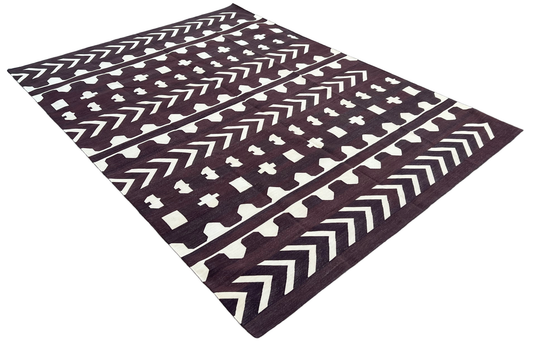 Handmade Cotton Dark Coffee Brown And Cream Geometric Rug for Evotia Tuliau in Size 280x280cm