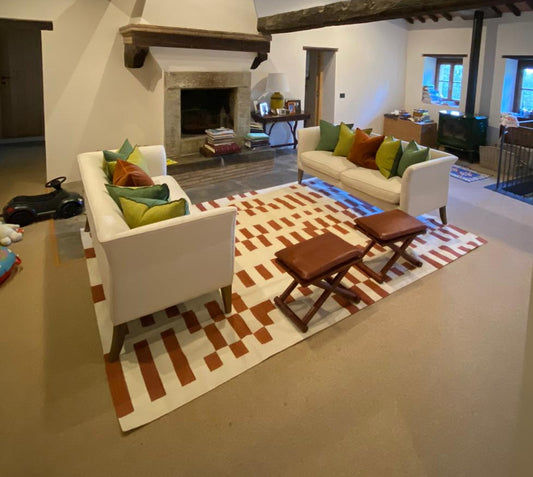 Handmade Cotton Terracotta And White Flat Weave Striped Rug-6495