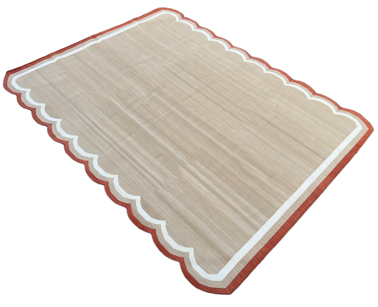 Custom Woolen Beige, Green And Coral Scalloped Rug for Fiona in Size 250x300cm with Beige, Green And Coral.