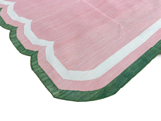 Modern Handmade Cotton Rug, Pink, Cream and Green Scalloped Indian Dhurrie-9650