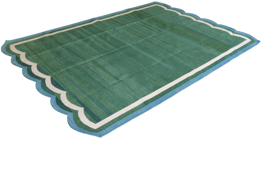 Modern Handmade Cotton Forest Green And Teal Blue Border Scalloped Rug-6027
