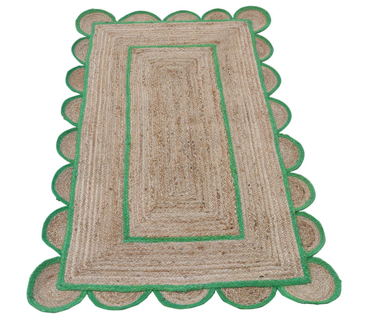 Modern Handmade Natural Jute Scalloped Rug Dhurrie with a Green Border -8001