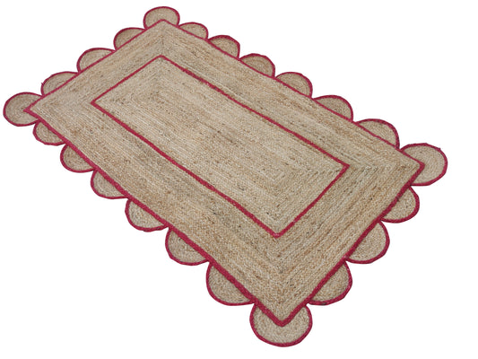 Modern Handmade Natural Jute Scalloped Rug Dhurrie with a Red Border -8002