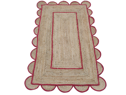 Modern Handmade Natural Jute Scalloped Rug Dhurrie with a Red Border -8002