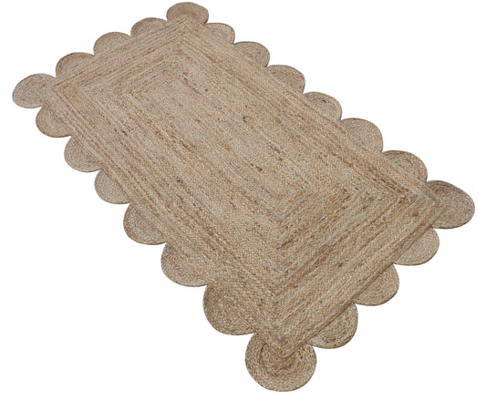Modern Handmade Natural Jute Scalloped Rug Dhurrie with a Solid Border -8003