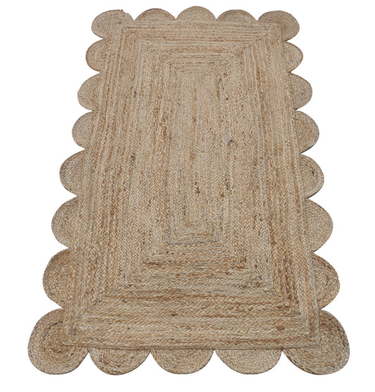 Modern Handmade Natural Jute Scalloped Rug Dhurrie with a Solid Border -8003