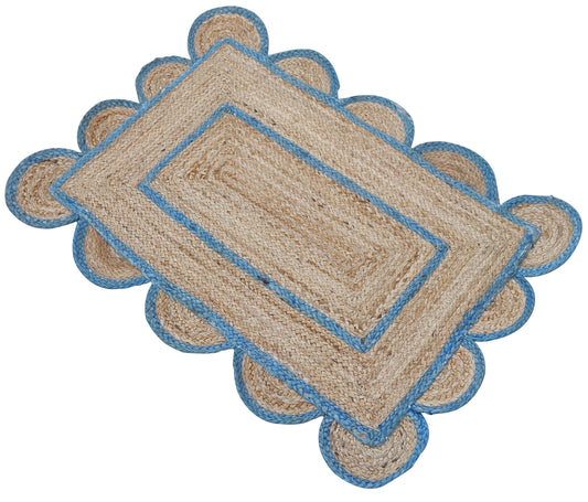 Modern Handmade Natural Jute Scalloped Rug Dhurrie with a Blue Border -8009
