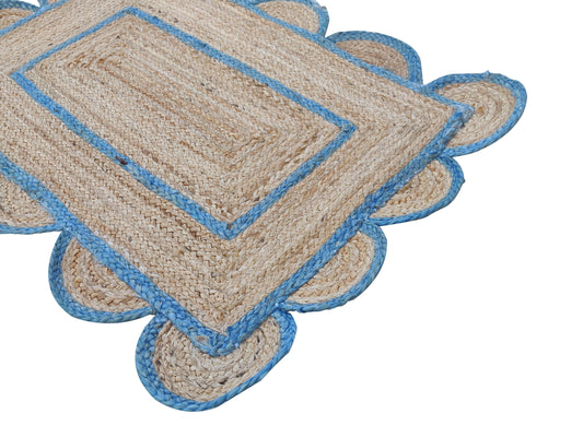 Modern Handmade Natural Jute Scalloped Rug Dhurrie with a Blue Border -8009