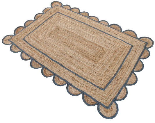 Modern Handmade Natural Jute Scalloped Rug Dhurrie with a Grey Border -8021