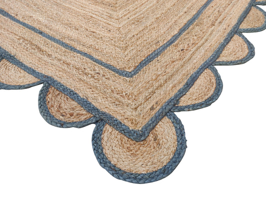Modern Handmade Natural Jute Scalloped Rug Dhurrie with a Grey Border -8021