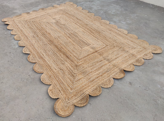 Modern Handmade Natural Jute Scalloped Rug Dhurrie with a Solid Border -8031