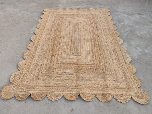 Modern Handmade Natural Jute Scalloped Rug Dhurrie with a Solid Border -8031