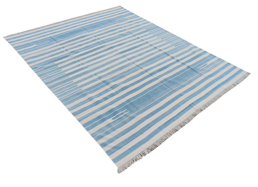 Modern Handmade Cotton Blue And White Candle Striped Rug-6256