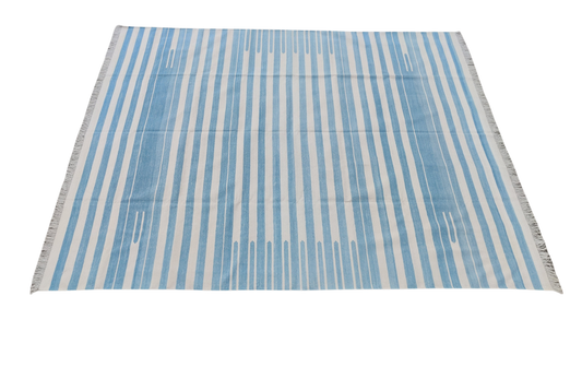 Modern Handmade Cotton Blue And White Candle Striped Rug-6256