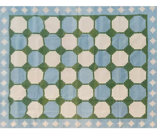 Handmade Cotton Tile Patterned Green And Sky Blue Geometric Tile Rug for Elaina Fagan USA