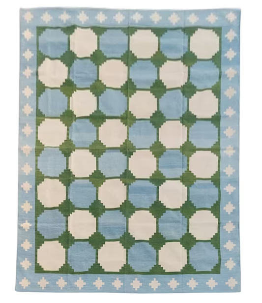 Handmade Cotton Tile Patterned Green And Sky Blue Geometric Tile Rug for Elaina Fagan USA