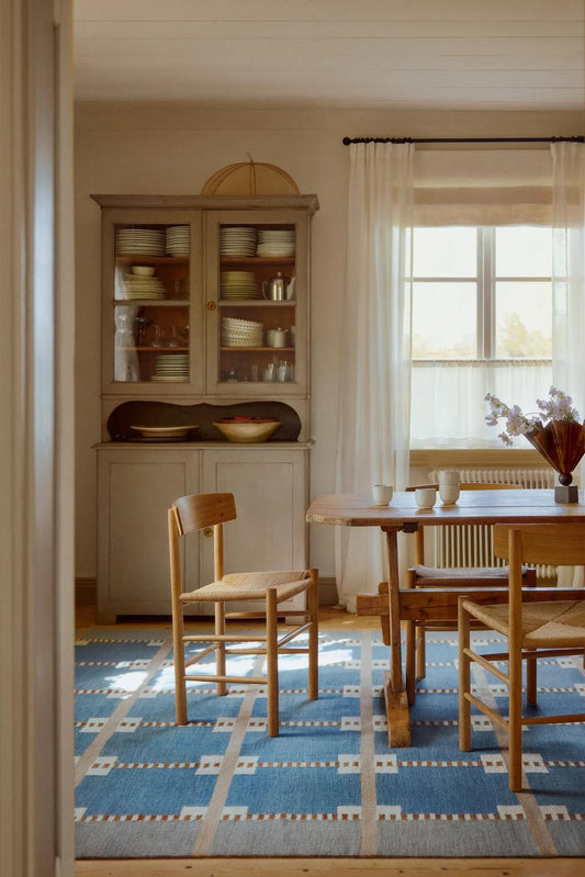 Custom Cotton Blue Geometric Rug for Meg Mcgrath in a Size 7'x9'