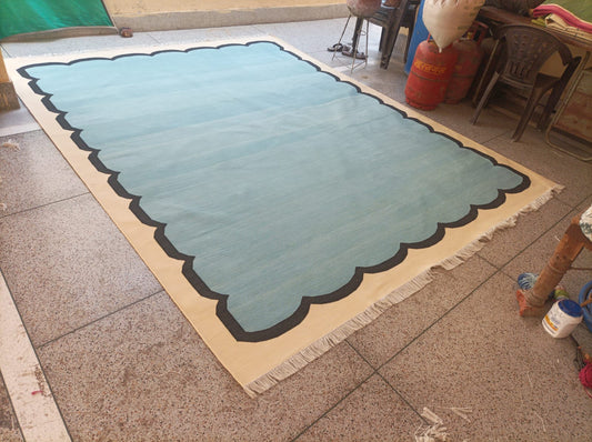 Cotton Blue And Cream Scalloped Striped Rug for Melissa Stowers in a Size 8'x10'