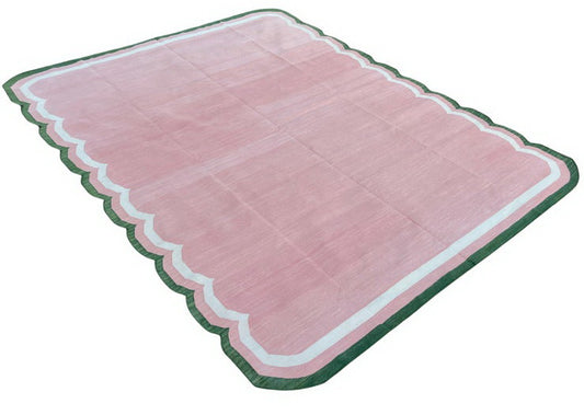 Modern Handmade Cotton Rug, Pink, Cream and Green Scalloped Indian Dhurrie-9650