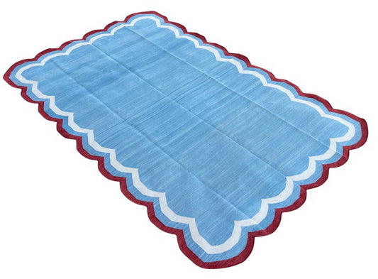 Modern Handmade Cotton Sky Blue, Cream and Red Scalloped Rug-9651