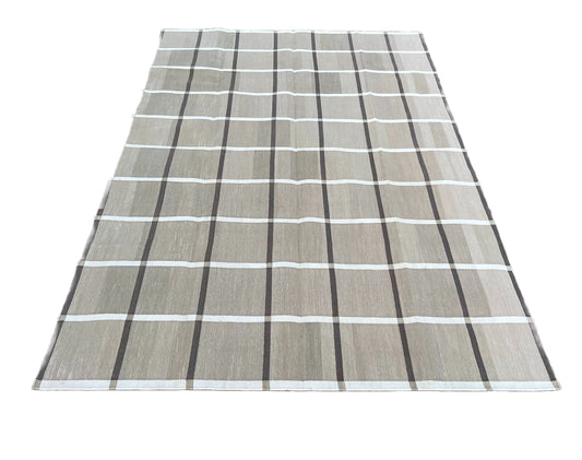 Modern Handmade Cotton Area Flat Weave Rug, Natural Vegetable Dyed, Beige & Brown Windowpane Check Indian Dhurrie, Kilim Rug, Wall Tapestry