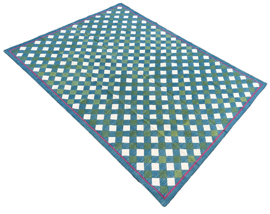 Modern Handmade Cotton Teal Blue And Forest Green Checked Rug-6462