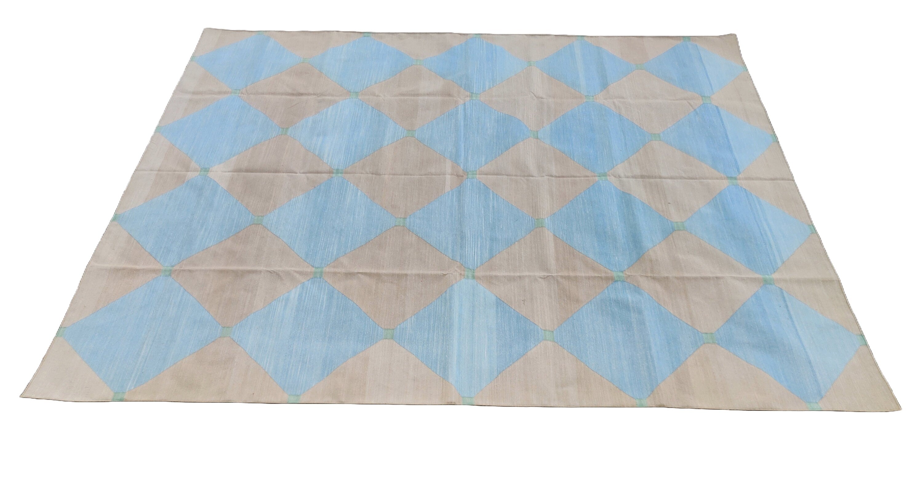 Modern Handmade Cotton Area Flat Weave Rug, Natural Vegetable Dyed, Beige And Blue Checked Indian Dhurrie, Kilim Striped Rug, Wall Tapestry