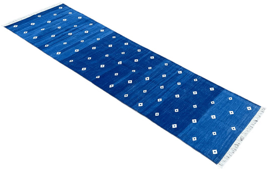 Modern Handmade Cotton Flat Weave Blue And White Diamond Runner Rug