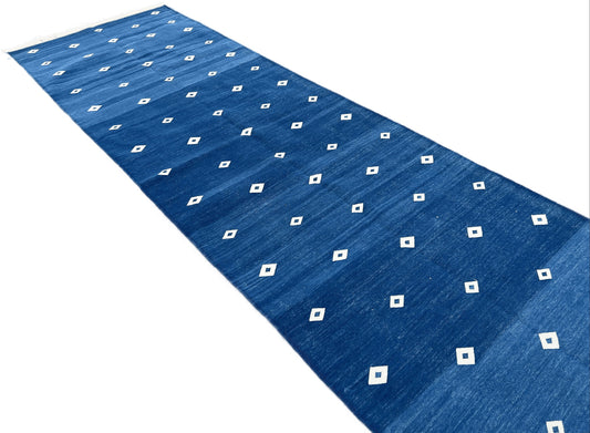 Modern Handmade Cotton Flat Weave Blue And White Diamond Runner Rug