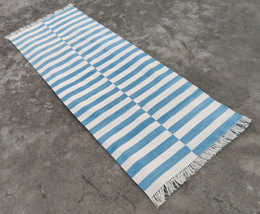 Modern Handmade Cotton Flat Weave Blue And White Striped Runner