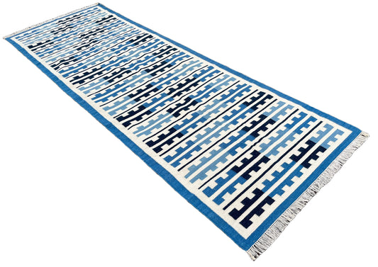 Modern Handmade Woolen Flat Weave Blue And White Runner Rug-6312