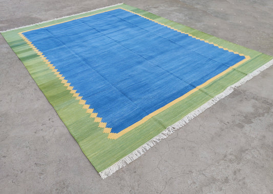 Modern Handmade Cotton Area Flat Weave Rug, Natural Vegetable Dyed, Blue & Green Solid Bordered Indian Dhurrie, Kilim Striped, Wall Tapestry