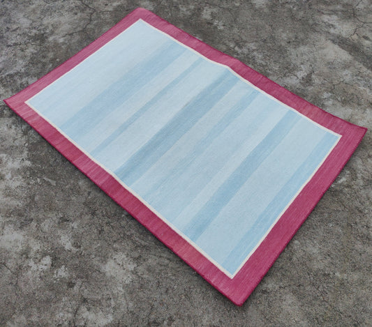 Modern Handmade Cotton Area Flat Weave Rug, Natural Vegetable Dyed, Blue & Pink Solid Bordered Indian Dhurrie, Kilim Striped, Wall Tapestry