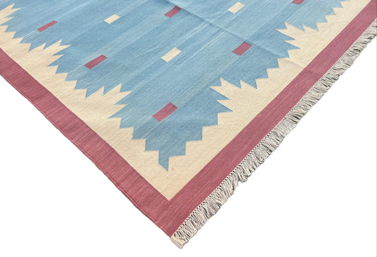 Modern Handmade Cotton Area Flat Weave Rug, Natural Vegetable Dyed, Blue & Pink Geometric Indian Dhurrie, Striped Kilim Rug, Wall Tapestry