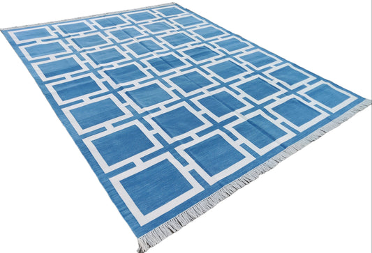 Modern Handmade Cotton Area Flat Weave Rug, Natural Vegetable Dyed, Blue & White Geometric Indian Dhurrie, Striped Kilim Rug, Wall Tapestry