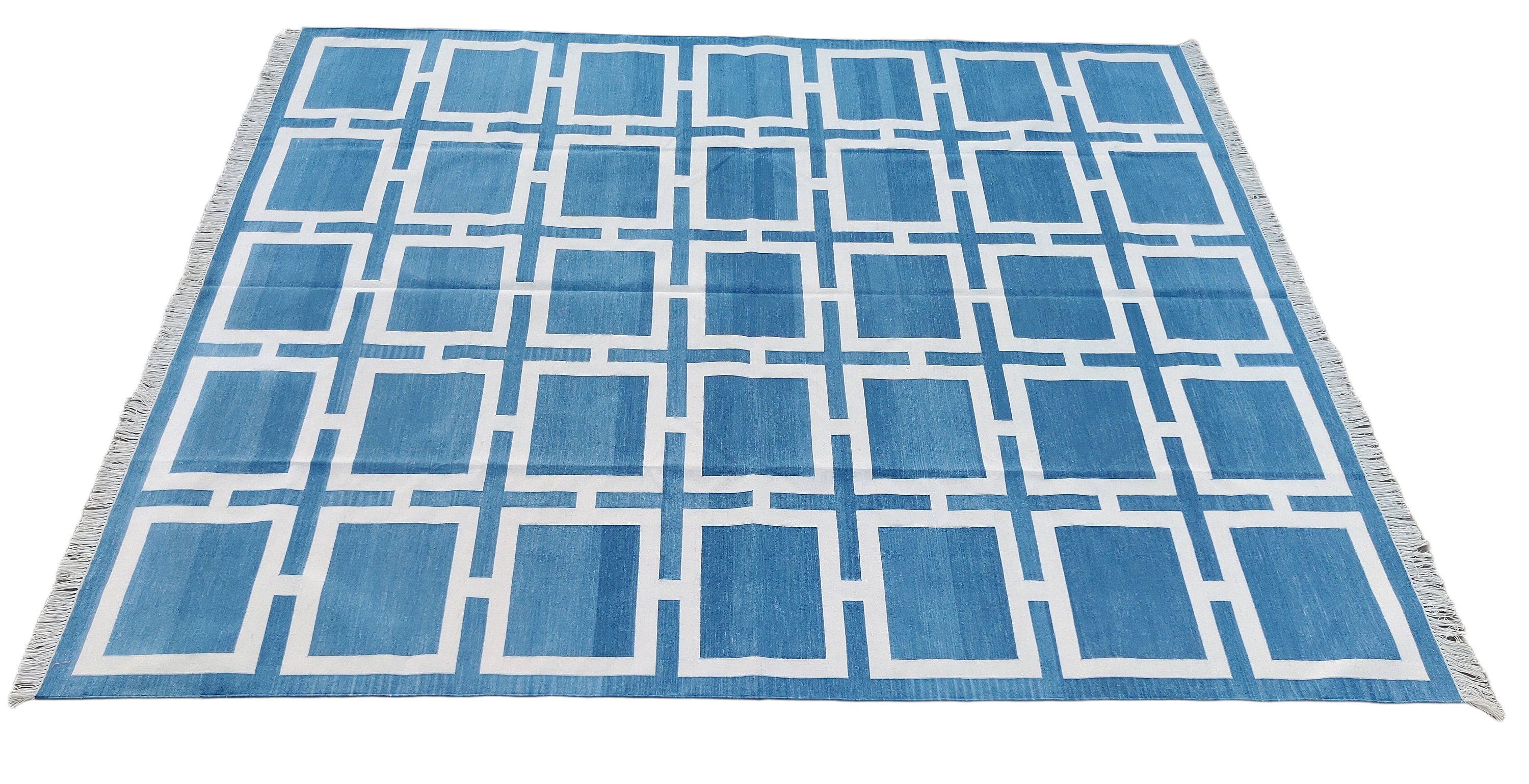 Modern Handmade Cotton Area Flat Weave Rug, Natural Vegetable Dyed, Blue & White Geometric Indian Dhurrie, Striped Kilim Rug, Wall Tapestry
