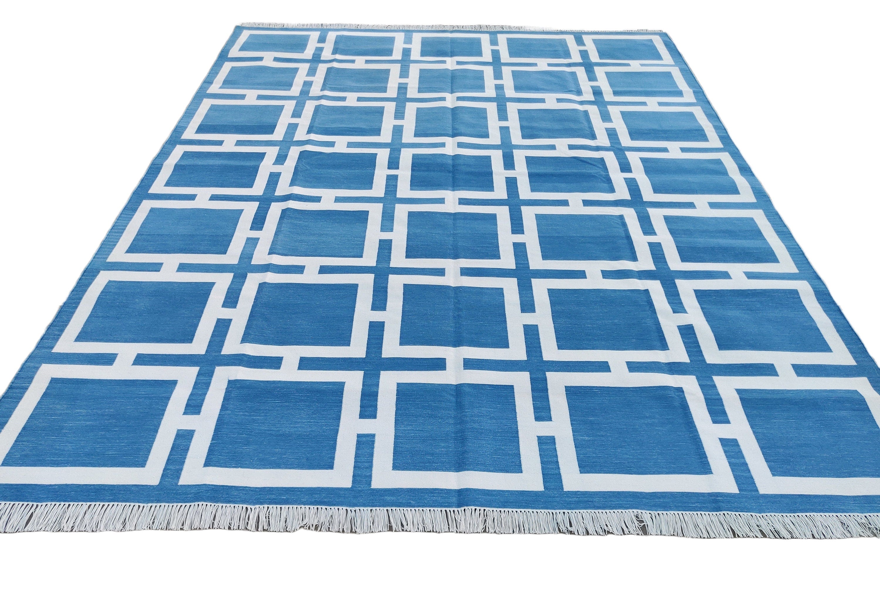 Modern Handmade Cotton Area Flat Weave Rug, Natural Vegetable Dyed, Blue & White Geometric Indian Dhurrie, Striped Kilim Rug, Wall Tapestry