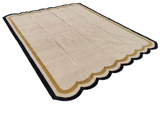 Modern Handmade Cotton Area Flat Weave Rug, Natural Vegetable Dyed, Beige, Black Scalloped Edge Indian Dhurrie, Kilim Striped, Wall Tapestry