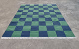 Modern Handmade Woolen Area Flat Weave Rug, Natural Vegetable Dyed, Green And Blue Checked Indian Dhurrie, Woolen Striped Rug, Wall Tapestry