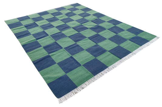 Modern Handmade Woolen Area Flat Weave Rug, Natural Vegetable Dyed, Green And Blue Checked Indian Dhurrie, Woolen Striped Rug, Wall Tapestry