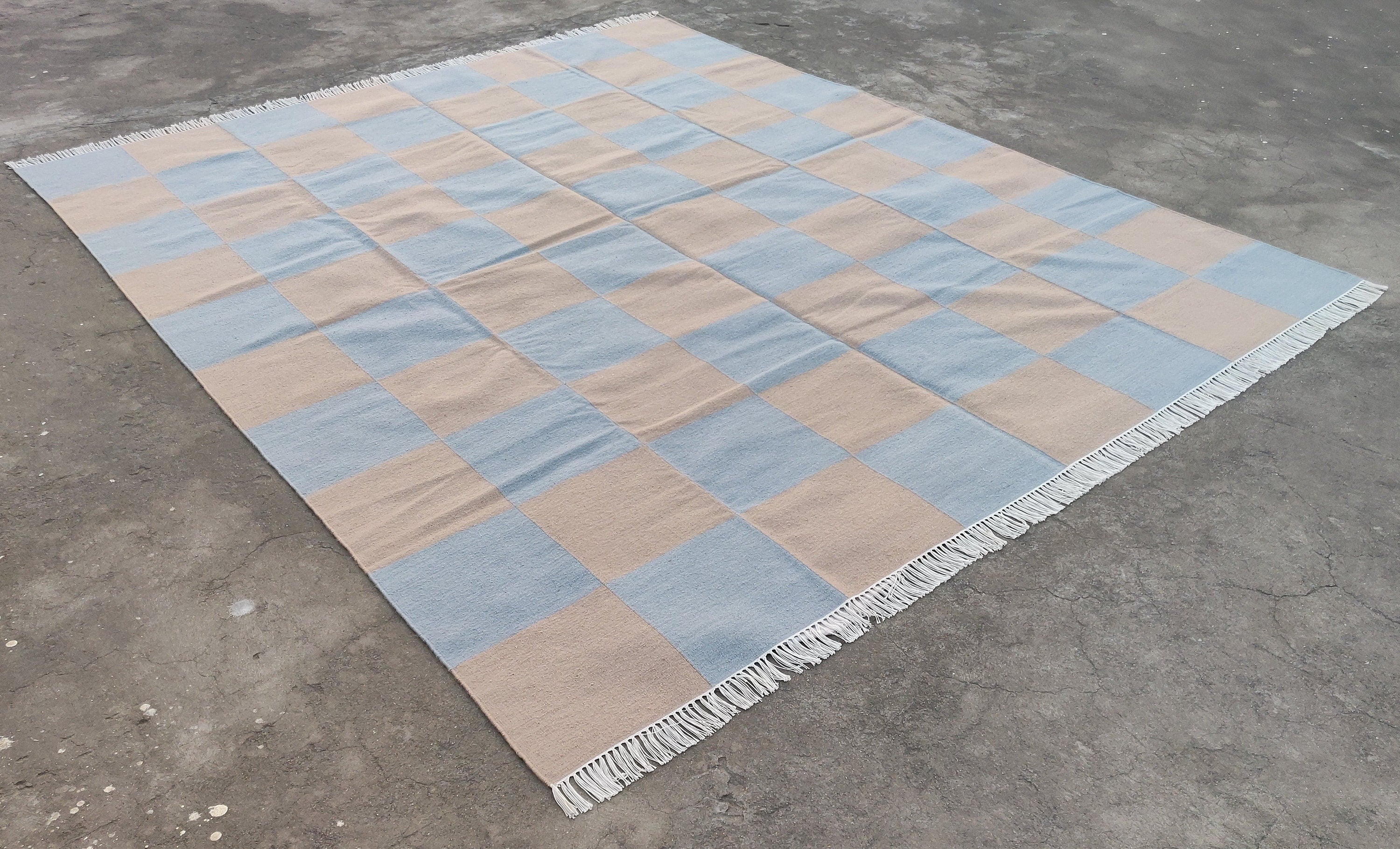 Modern Handmade Woolen Area Flat Weave Rug, Natural Vegetable Dyed, Gray And Beige Checked Indian Dhurrie, Woolen Striped Rug, Wall Tapestry
