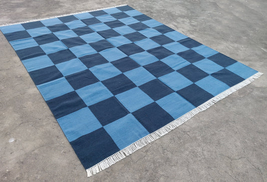 Modern Handmade Woolen Area Flat Weave Rug, Natural Vegetable Dyed, Dark & Sky Blue Checked Indian Dhurrie, Woolen Stripe Rug, Wall Tapestry