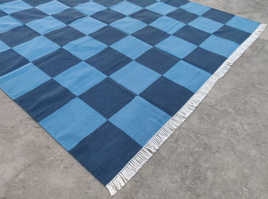 Modern Handmade Woolen Area Flat Weave Rug, Natural Vegetable Dyed, Dark & Sky Blue Checked Indian Dhurrie, Woolen Stripe Rug, Wall Tapestry