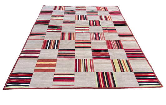 Modern Handmade Beige & Red Tile Pattern Check Indian Dhurrie
