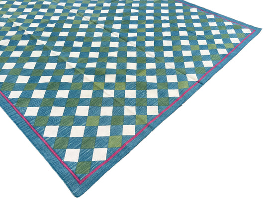 Modern Handmade Cotton Teal Blue And Forest Green Checked Rug-6462