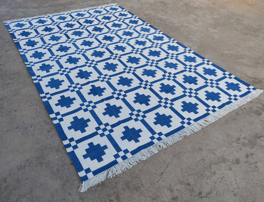Modern Handmade Cotton Area Flat Weave Rug, Natural Vegetable Dyed, Blue & White Geometric Indian Dhurrie, Kilim Striped Rug, Wall Tapestry